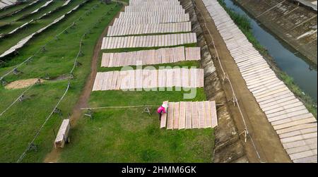 An Nhon Town, province de Binh Dinh, Vietnam - 3 janvier 2022: Les agriculteurs sèchent le papier de riz sur le terrain, une étape après la fabrication du papier de riz dans une ville de Nhon, Binh Banque D'Images