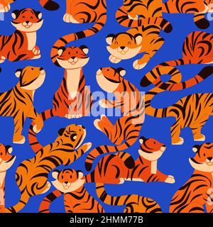 Motif sans couture avec tigres de dessin animé dans différentes poses. Texture avec chats sauvages sur fond bleu. Papier peint pour enfants avec chats de tabby joyeux Banque D'Images