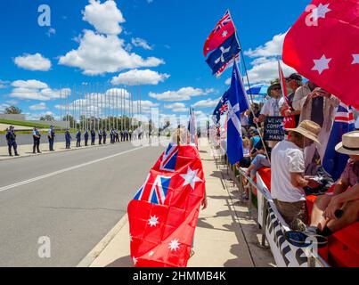 La manifestation du coronavirus « convoi à Canberra » s'est tenue sur Capital Hill entre l'ancien Parlement et le nouveau Parlement à Canberra, en Australie Banque D'Images