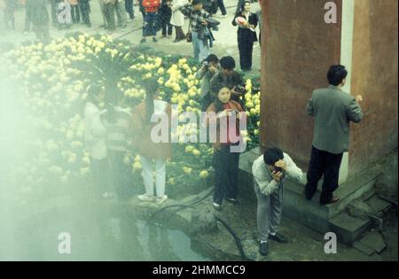 Les gens au Parc dans le Temple Mémorial à Lord Bao dans la ville de Kaifeng dans la province de Henan en Chine. Chine, Kaifeng, novembre 1996 Banque D'Images