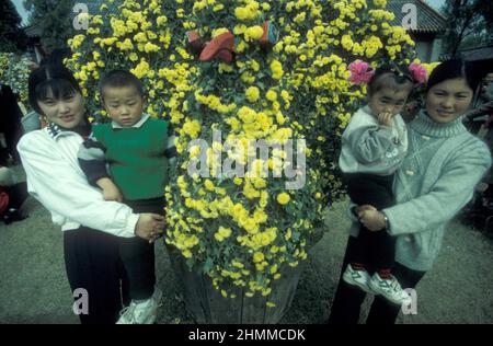 Les gens au Parc dans le Temple Mémorial à Lord Bao dans la ville de Kaifeng dans la province de Henan en Chine. Chine, Kaifeng, novembre 1996 Banque D'Images