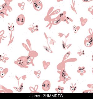 répétition, textile, animal, fond, beau, lapins, lapin, silhouette de lapin, papillons, carte, caricature, célébration, enfants, coloré, mignon, d Illustration de Vecteur