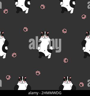 Tuxedo Cat et Pink Paws sans couture sur fond gris foncé Illustration vectorielle Illustration de Vecteur