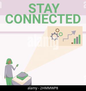 L'affichage conceptuel reste connecté. Photo conceptuelle pour continuer à communiquer les uns sur les autres pour garder le contact Lady Standing tenir la télécommande du projecteur Banque D'Images