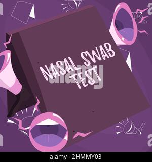 Texte montrant le test de l'écouvillon nasal inspiration. Approche commerciale diagnostiquer une infection des voies respiratoires supérieures par sécrétion nasale lèvres mégaphones Banque D'Images
