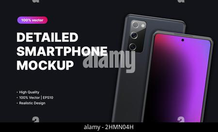 Bannière publicitaire sombre pour le nouveau modèle de smartphone, la conception d'interface utilisateur ou l'application Realistic Device with Purple gradient Screen. Maquette de page d'arrivée. Illustration vectorielle Illustration de Vecteur