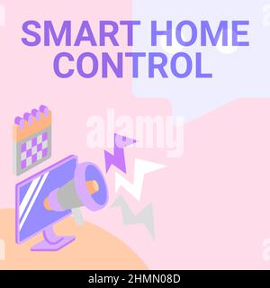 Commande Smart Home de texte d'écriture manuscrite. Concept signification fournit aux propriétaires sécurité confort et efficacité énergétique Monitor dessin avec Megaphone production Banque D'Images