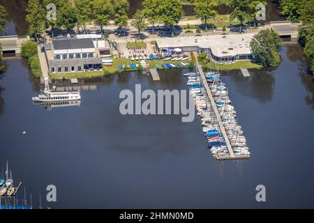 Vue aérienne, réservoir de Halterer Mühlenbach, avenue de la plage, étape de l'atterrissage du bateau, vue sur le lac gastronomique et cabine, ville de Haltern, Haltern am See, région de la Ruhr Banque D'Images