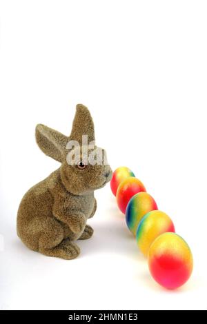 Lapin de Pâques décoratif assis à une rangée d'œufs de Pâques colorés, découpé Banque D'Images