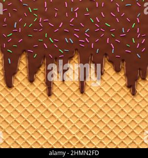 Fond de glace au chocolat fondu - 3D illustration d'un dessert sucré à la texture de cône de gaufre et de saupoudrage Banque D'Images