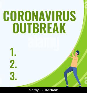 Affiche indiquant une épidémie de coronavirus. Concept signifiant maladie infectieuse causée par la nouvelle découverte COVID19 Gentleman dessin debout poussant Big Banque D'Images