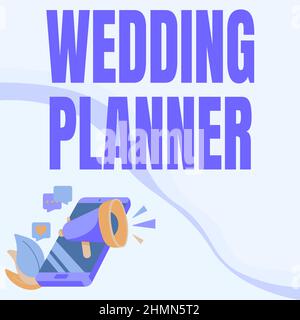 Légende conceptuelle Planificateur de mariage. Approche d'entreprise Wedding Planner téléphone dessin partage des commentaires et des réactions par Megaphone. Banque D'Images