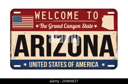 Bienvenue à Arizona vintage plaque d'immatriculation rouillée sur fond blanc, illustration vectorielle Illustration de Vecteur