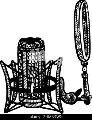 Esquisse du microphone isolée. Équipement musical pour des enregistrements dessinés à la main. Design gravé pour affiche, impression, illustration de livre, logo, icône, tatouage. Illustration de Vecteur