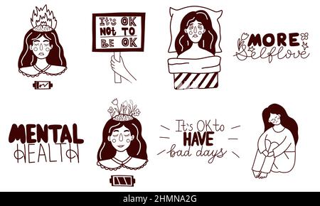 Ensemble de santé mentale.Dépression, brûlure, insomnie Illustration de Vecteur