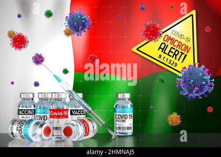 Covid-19 Omicron B.1.1.529 alerte variante, programme de vaccination à Madagascar - illustration 3D Banque D'Images