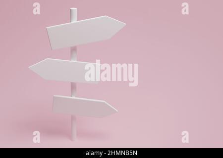 Panneau de direction blanc sur fond rose. 3d rendu Banque D'Images