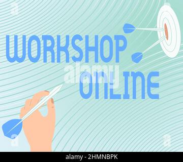 Texte montrant inspiration Workshop en ligne. Atelier de présentation en ligne de l'entreprise Présentation du message atteindre le concept de Target, Résumé annonçant l'objectif. Banque D'Images