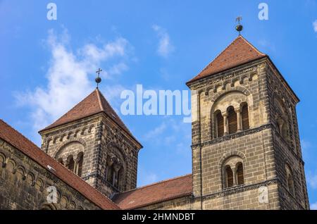 Les clochers de la Collégiale Saint-Servatius, Quedlinburg, Saxe-Anhalt, Allemagne. Banque D'Images