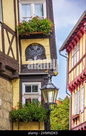 Maison classée à colombages aux cadres jaunes, dont une avec un aigle à double tête sculpté et peint, à Hohe Strasse à Quedlinburg, en Saxe, en Allemagne. Banque D'Images