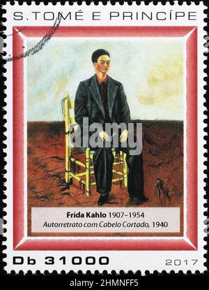 Autoportrait avec des cheveux courts de Frida Kahlo sur le timbre Banque D'Images