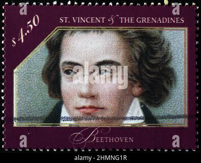 Jeune Beethoven sur timbre-poste de Saint Vincent Banque D'Images