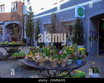Feldkirch, Autriche, 26 février 2019 fleurs différentes présentées sur une table devant un fleuriste Banque D'Images
