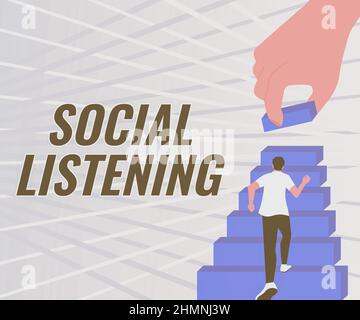 Légende de texte présentant l'écoute sociale. Vitrine d'affaires analyse des conversations et des tendances de votre produit Gentleman grimper escalier case Banque D'Images