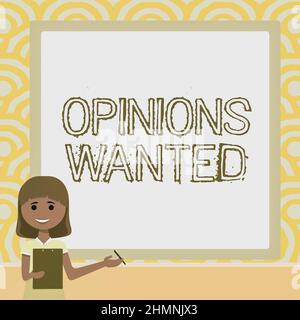 Rédaction affichant des opinions textuelles recherchées. Un jugement conceptuel sur photo ou un conseil d'un expert voulait un deuxième avis Lady Drawing Standing Holding Banque D'Images