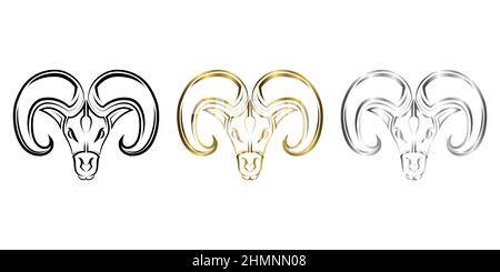 Trois couleurs noir or et argent ligne art de la tête de mouton Barbary. Bon usage pour symbole, mascotte, icône, avatar, tatouage, T-shirt, logo ou tout autre motif Illustration de Vecteur