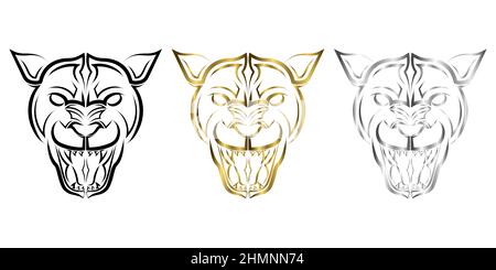 Trois couleurs noir or et argent ligne art de la tête cougar bonne utilisation pour symbole mascotte icône avatar tatouage T shirt design logo ou n'importe quel design vous voulez Illustration de Vecteur