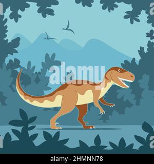 Ancien lézard velociraptor sur le fond de la forêt. Dinosaure prédateur de la période jurassique. Chasseur puissant. Illustration de dessin animé vectoriel Illustration de Vecteur