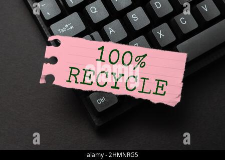 Légende conceptuelle 100 % recyclage. Approche commerciale ensemble de biodégradables, sans BPA et compostable recyclable modification et retypage de rapport Banque D'Images
