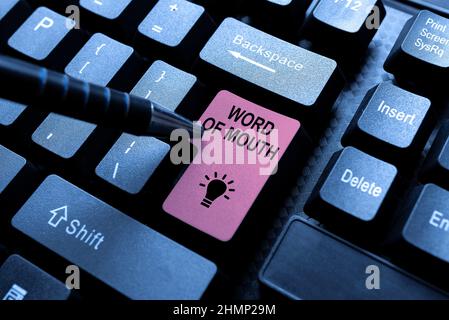 Texte montrant le mot de bouche de l'inspiration. Idée d'affaires Mot de bouche Résumé Typiste pratiquant la saisie rapide, programmateur débogage des codes Banque D'Images