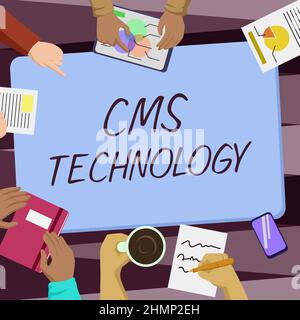 Légende conceptuelle CMS Technology. Concept : programmes utilisés pour créer et gérer du contenu numérique collègues Office Meeting ayant un café Banque D'Images