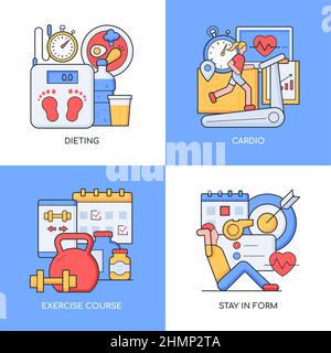 Maintien de la forme - ensemble de dessins de style de ligne illustrations colorées. Quatre images détaillées sur le thème de l'alimentation, du sport, du cardio et de l'exercice. Bonne nutrition, active Illustration de Vecteur