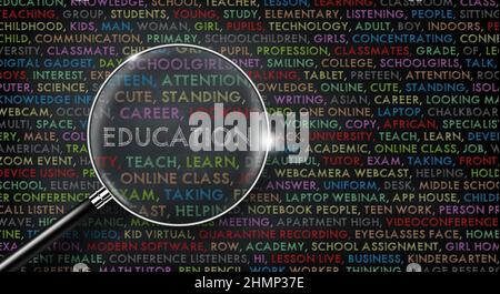 Loupe sur le mot éducation. FORMATION mot nuage collage sur tableau noir. Concept d'arrière-plan commercial. 3D illustration. Banque D'Images