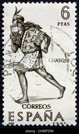 ESPAGNE - VERS 1966 : un timbre imprimé en Espagne montre le service de messagerie Inca, El Chasqui, vers 1966 Banque D'Images