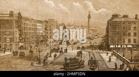 Une ancienne gravure de Sackville Street, Dublin, Irlande comme elle l'était en 1897. Vue depuis le pont O'Connell la vue inclut le monument O'Connell, le monument Nelson et la poste (à gauche) Banque D'Images