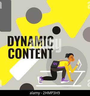 Affiche affichant le contenu dynamique. Business idée web contenu qui change en fonction du comportement de l'utilisateur femme portant Briefcase Reading journaux Banque D'Images