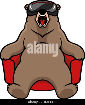 L'ours brun se sent surpris en portant des lunettes VR lorsqu'il est assis sur le canapé Illustration de Vecteur