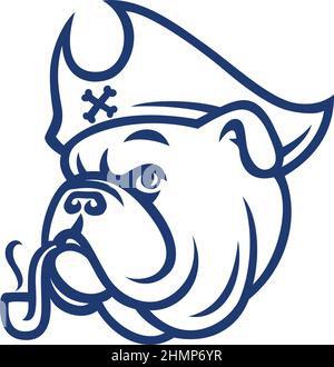 Simple Line Art of English Bulldog avec Pirate Hat et fumer un tuyau Illustration de Vecteur