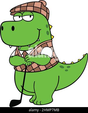 Un adorable dinosaure avec des costumes à l'ancienne penchée sur son club de golf Illustration de Vecteur