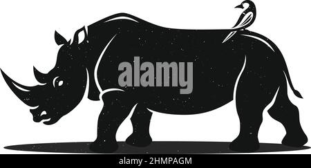 Silhouette de rhinocéros blanc avec un oiseau debout sur son dos Illustration de Vecteur