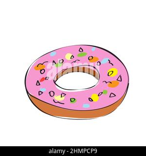 Illustration vectorielle dessinée à la main de beignet rose sur blanc. Elément simple tracé à la main Illustration de Vecteur