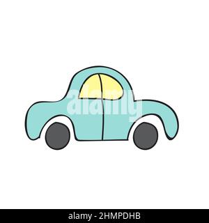 Jolie voiture bleue isolée sur fond blanc. Icône de style dessiné à la main pour la conception de chambres pour enfants, de vêtements, de textiles. Illustration vectorielle Illustration de Vecteur
