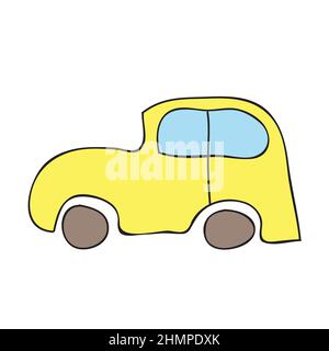 Jolie voiture jaune isolée sur fond blanc. Icône de style dessiné à la main pour la conception de chambres pour enfants, de vêtements, de textiles. Illustration vectorielle Illustration de Vecteur