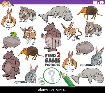 Illustration de dessin animé de trouver deux mêmes images tâche éducative avec des personnages d'animaux sauvages de dessin animé Illustration de Vecteur