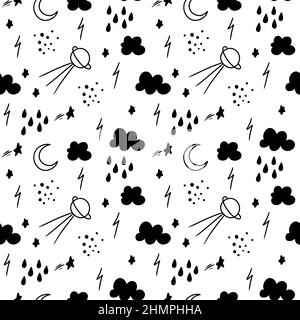 Motif enfant sans couture avec nuages, planches, étoiles, gouttes de pluie et satellite. Illustration de Vecteur