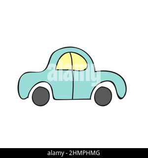 Jolie voiture bleue isolée sur fond blanc. Icône de style dessiné à la main pour la conception de chambres pour enfants, de vêtements, de textiles. Illustration vectorielle Illustration de Vecteur